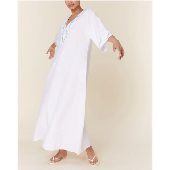 NWT Andie x Fanm Mon KEPEZ DRESS LINEN CAFTAN NEW White Blue EMBROIDERED size XL - Picture 3 of 11